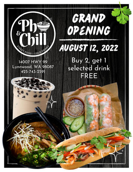 Restaurant flyer with boba tea, spring rolls, a sandwich, and soup